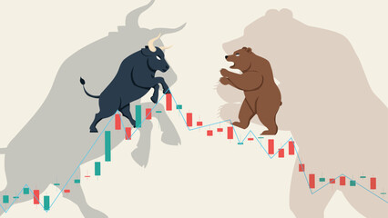 abstract background of flat vector stock market candlestick with bull and bear character