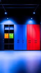 Colorful lockers, modern office, blue lighting, storage