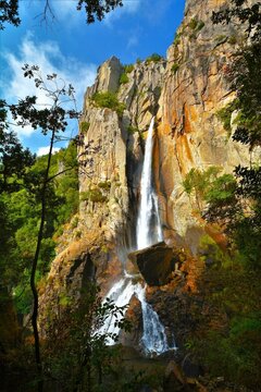 The magnificent 60-70 m high waterfall of the Piscia di Gallo (Cascade de Piscia di Ghjaddu, cock&rsquo;s piss) above the bay of Porto Vecchio (San-Gavino-di-Carbini, Corsica)