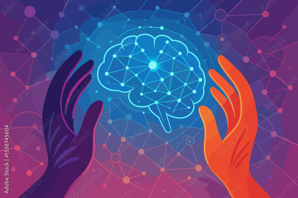 Poster artificial intelligence concept with hands protecting a digital brain. neuroscience, machine learnin