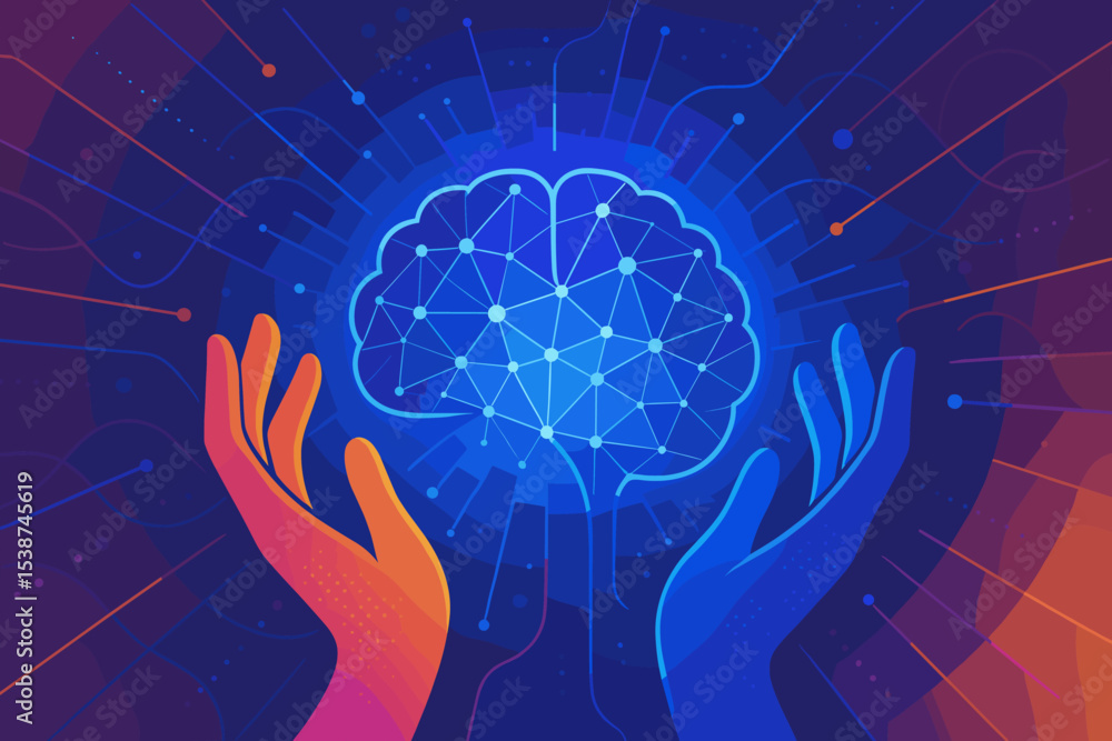 Poster concept of artificial intelligence and human mind collaboration. two hands connecting with a digital