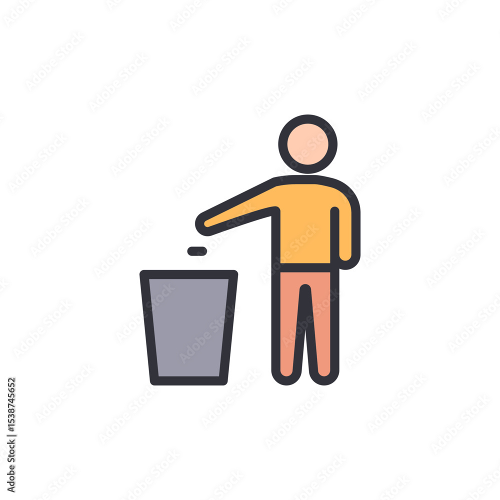 Poster abstract illustration of a person throwing trash in a bin with transparent background