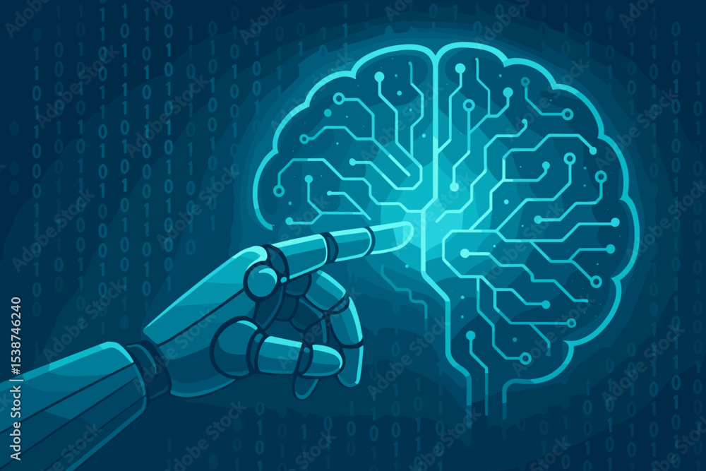 Poster robotic hand touching glowing digital brain. artificial intelligence ai, machine learning, and neura