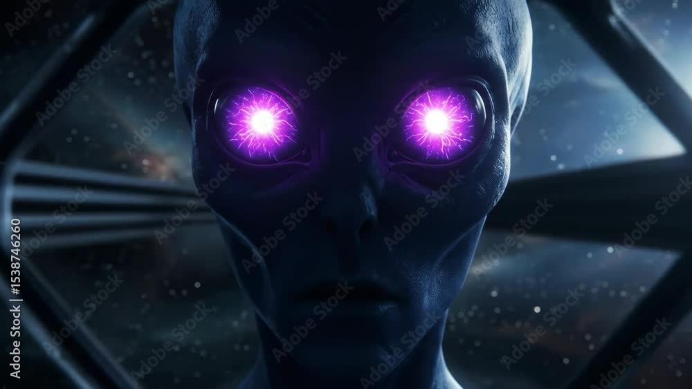 Poster alien encounter in space - close-up of an alien's face with glowing purple eyes, set against a backd