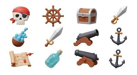 3D Pirate Treasure Hunt Icons and Assets for Game Design
