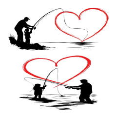 Silhouette of father and child fishing with heart shape above them in two different scenes.