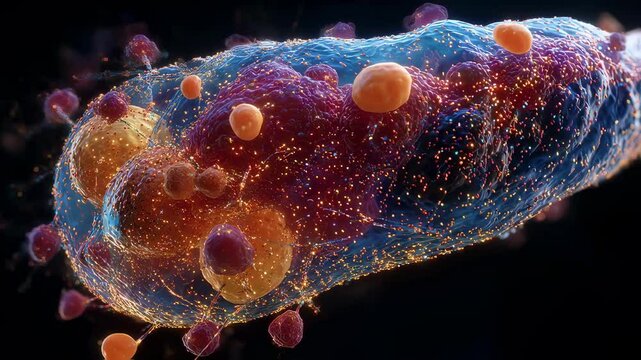 Microscopic visualization of a pancreas producing insulin after a meal, with detailed cellular activity and hormone release, highlighted by glowing particles and dynamic interactions