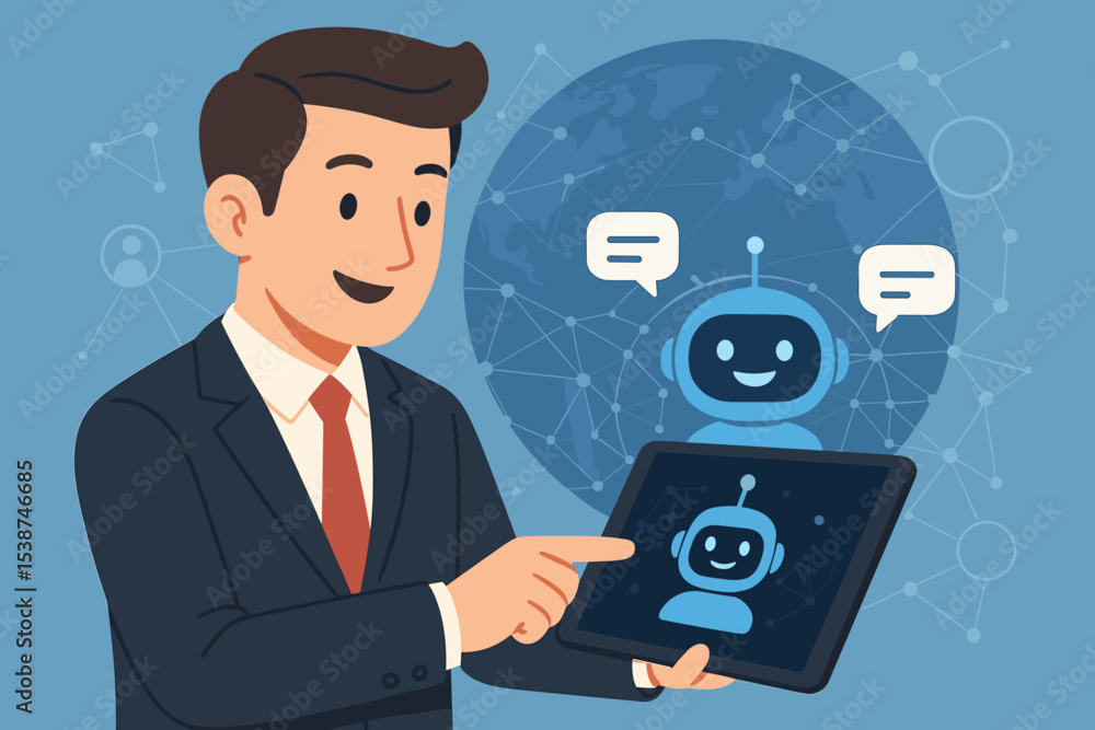 Poster ai chatbot interaction concept. businessman using tablet to communicate with a virtual assistant. ar