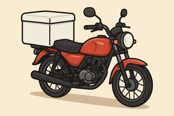 Fototapeta premium Delivery motorcycle with a large cargo box for food or parcel service. Vector illustration concept for courier, express shipping, and logistics. Red cartoon motorbike transport icon.