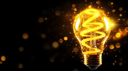 Glowing spiral lightbulb, dark background, idea, spark