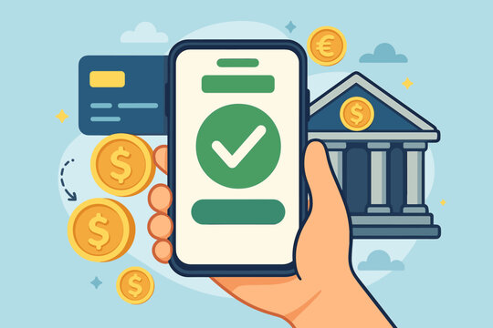 Online payment success with checkmark on smartphone screen. Hand holding phone for mobile banking. Concept of secure money transfer, digital wallet, e-commerce, and fintech.