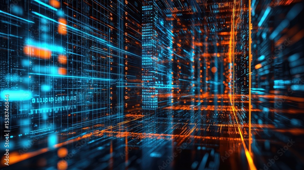 Poster Futuristic digital data stream with glowing blue and orange grids and binary code, ideal for concepts of cybersecurity, cloud storage, data transmission, or virtual networks