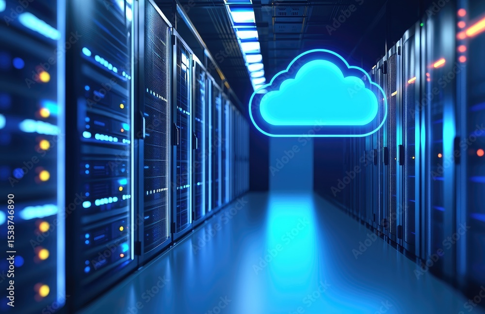 Aufkleber Bright futuristic server corridor with floating neon blue cloud icon, ideal for visualizing cloud storage, data networking, AI infrastructure, and secure tech environments