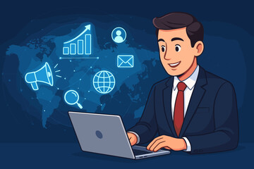 Digital marketing and global business strategy concept. Businessman using a laptop with a hologram interface showing icons for SEO, data analytics, email, and online advertising.