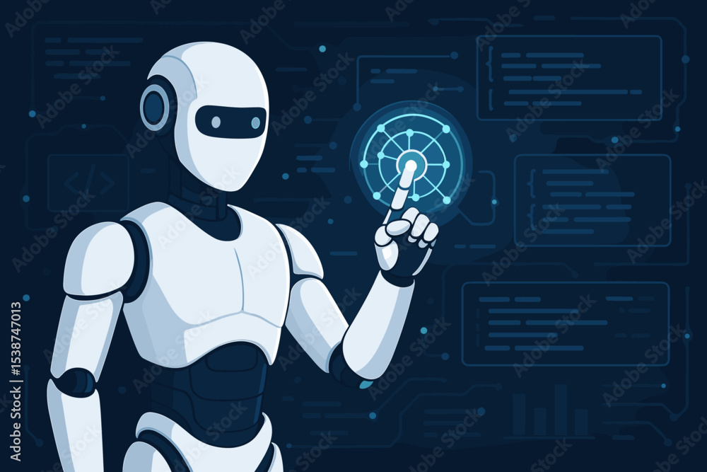 Poster artificial intelligence concept with robot interacting with futuristic digital interface. humanoid b