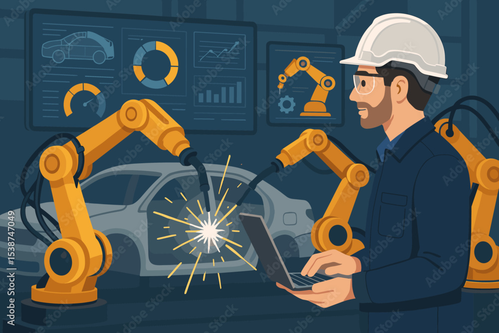 Poster engineer with laptop programming robotic arms on an automotive factory assembly line. man controls r