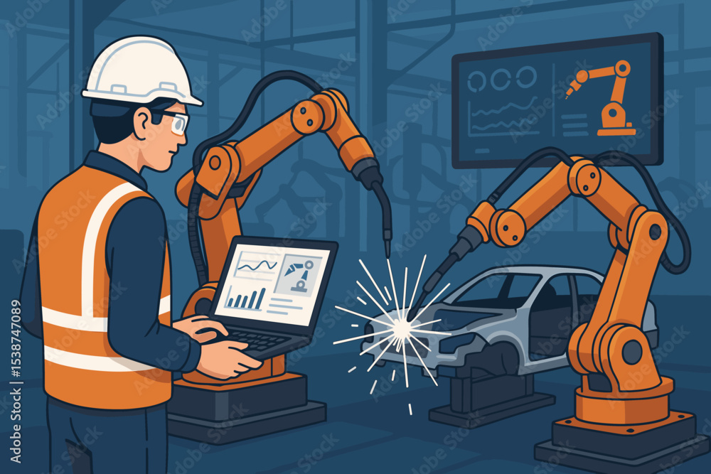 Poster robotics engineer programming robotic arms on an automotive assembly line. man with laptop controlli