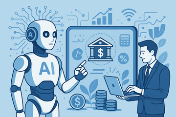 AI driven banking concept. Robot financial advisor assists a businessman with a laptop. Fintech technology for investment, data analysis, and online services. Digital transformation.