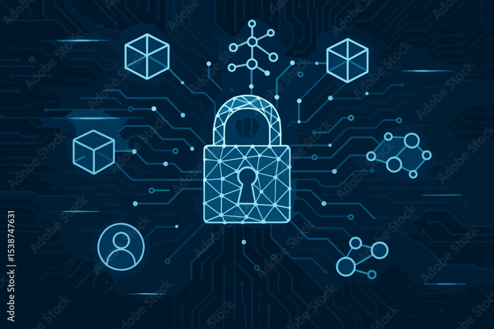 Poster blockchain technology concept for cybersecurity and data protection. futuristic digital padlock icon