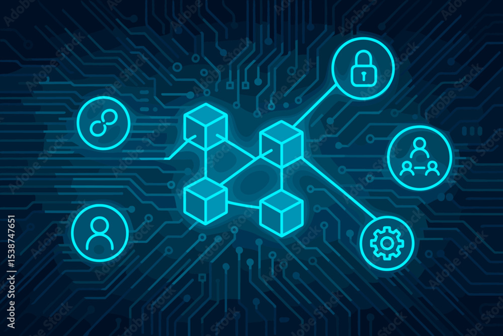Poster blockchain technology concept with a glowing network of blocks. abstract futuristic illustration of 