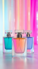 Three perfumes, vibrant background, studio shot, ad campaign