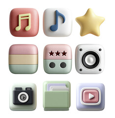 3D Music, Media, Star, and Folder Icon Collection Illustration