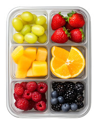 Isolated transparent png Container of fruits wholesome bowl concept Fruit assortment in a clear divided container featuring grapes, strawberries, oranges, mangoes, raspberries, and blueberries.