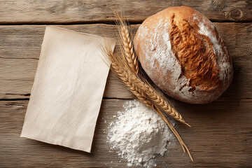 Rustic bakery flat lay with bread, flour and blank paper on wooden background