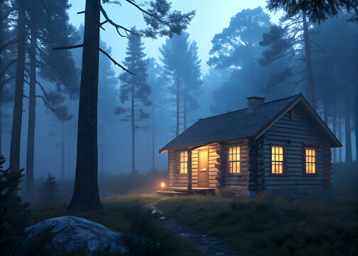 Cozy log cabin in foggy forest at night ai generated - Powered by Adobe