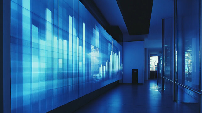 Illuminated blue data chart display in a modern hallway with glass walls and a dark ceiling area