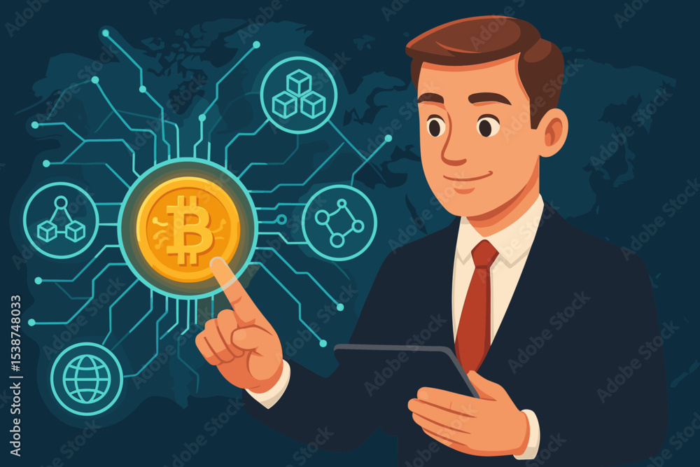 Poster businessman managing cryptocurrency with blockchain technology. fintech concept with man touching bi