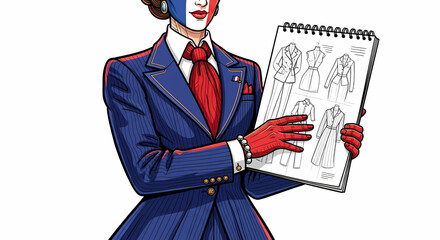 
Elegant Woman with French Flag Face Paint Holding Fashion Sketches - Fashion, Culture, and Design