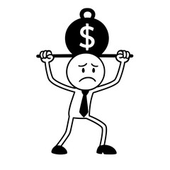 Sad man lifting dollar weight symbolizing financial burden