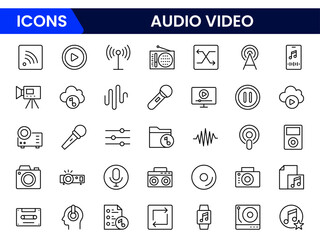 Vibrant vector web line icons depicting audio-video, speakers, cameras, streaming, microphones, and multimedia tools for dynamic content creation.