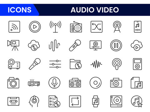 Vibrant vector web line icons depicting audio-video, speakers, cameras, streaming, microphones, and multimedia tools for dynamic content creation.
