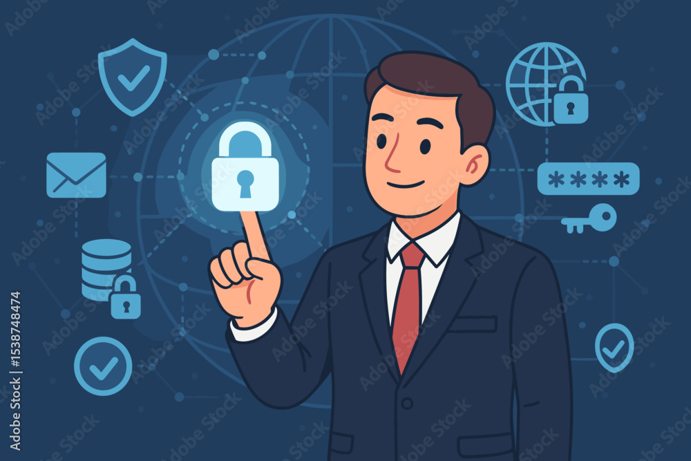Poster cybersecurity concept illustration. businessman ensures data protection and internet security. digit