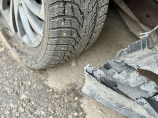 Car is severely damaged following a collision and road accident incident recently. This image...