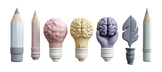 Pencil, Brain, Light Bulb, and Feather 3D Object Collection Illustration