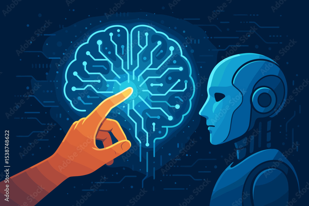 Poster artificial intelligence concept. human hand connecting with a digital brain. robot silhouette symbol