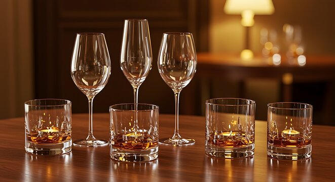 Elegant arrangement of crystal wine glasses and whiskey tumblers on a wooden table