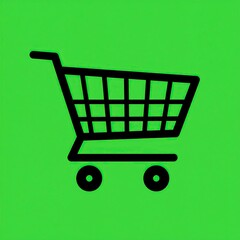 Simple black shopping cart icon on bright green background