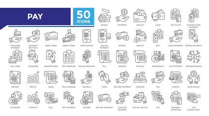Pay lineal icon set collection. This set includes money, wallet, tap to pay, contactless, transfer, tax planning, budget and more icons in lineal style. Vector icons collection for infographics