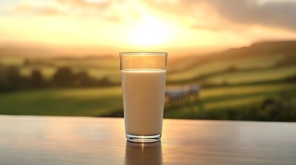 Glass of Milk on Table with Cows in Green Pastures at Sunset