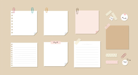 Cute stationery set with clipboards, notes, and adorable characters on beige background vector illustration