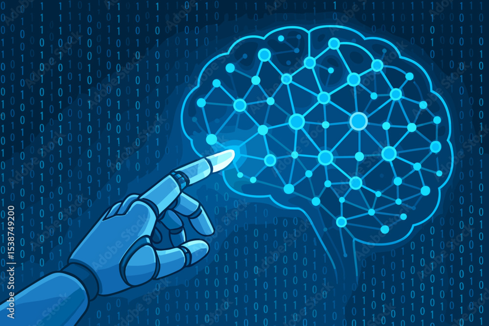 Poster artificial intelligence concept. robotic hand touching neural network brain. machine learning, autom