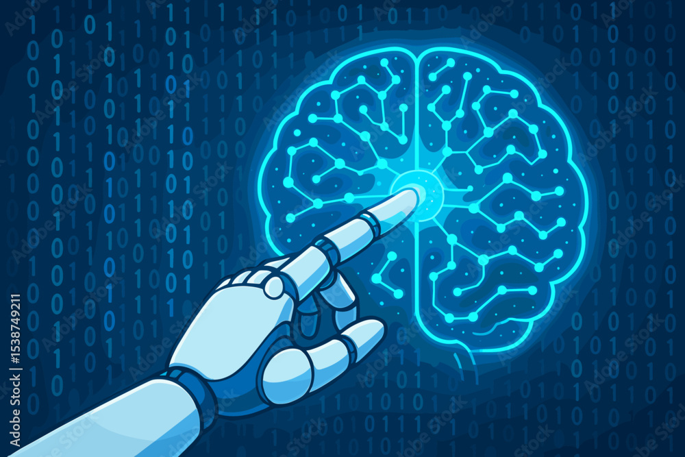 Poster artificial intelligence robotic hand touching digital brain interface. futuristic ai technology, neu