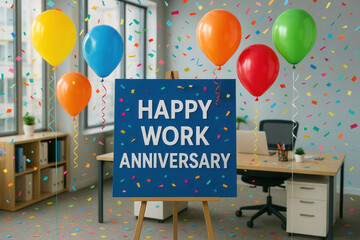 Happy work anniversary celebration with colorful balloon and confetti in modern office space creating joyful atmosphere for employee appreciation and milestone recognition