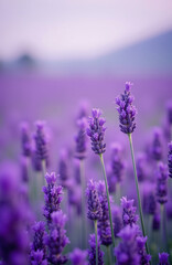 Naklejka premium Close-up of vibrant lavender field with soft bokeh background.