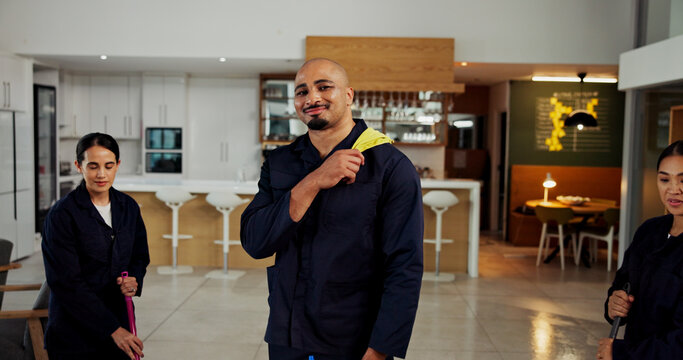 Cleaning, janitor team and people in office for hygiene, disinfection and bacteria prevention. Maid service, professional and portrait of man with tools for sanitation and maintenance in workplace