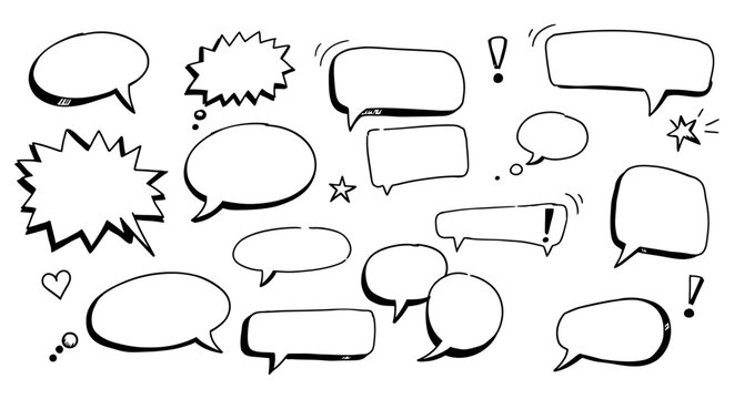 Variety of blank comic speech bubbles and symbols in black and white vector illustration